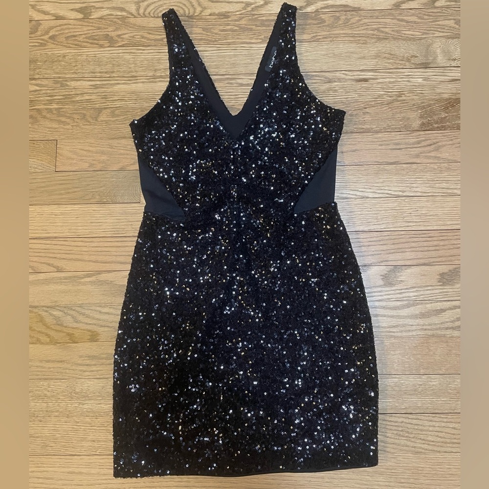 BEBE Black Sequin Bodycon Mesh Cutout Mini Cocktail Party Dress